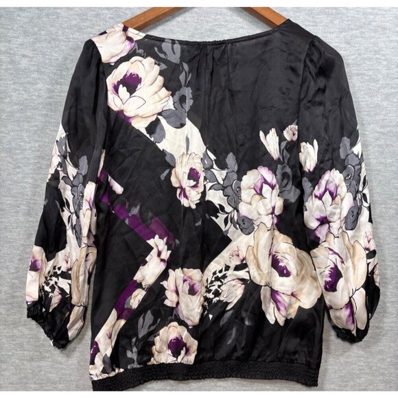 White House Black Market Silk Floral Blouse Purple‎  3/4 Sleeves Size S - Picture 6 of 6